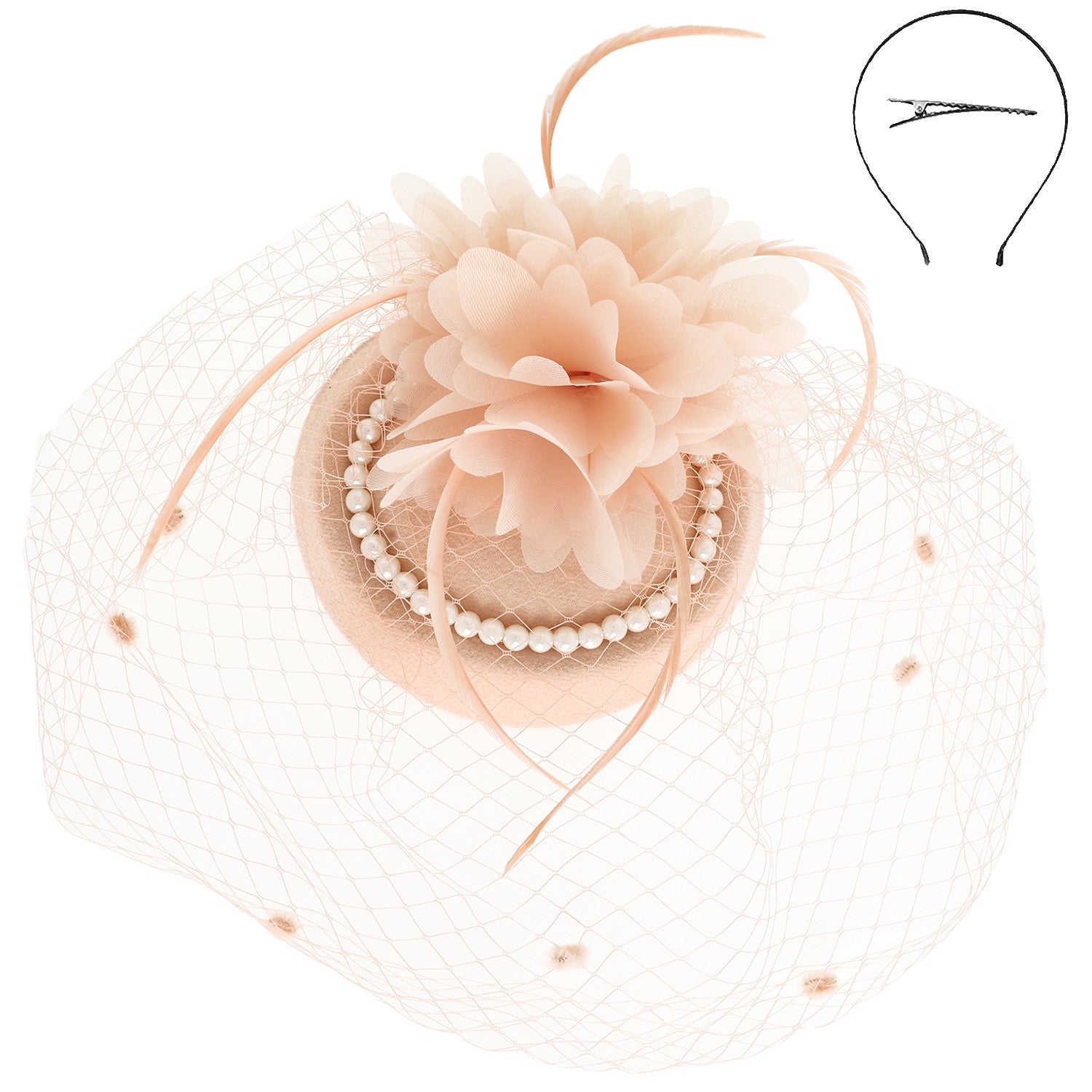 Peach Floral Feathered Pearl Trim Fascinator