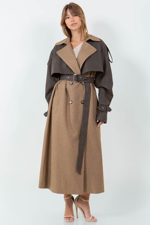 Casandra Khaki Trench Coat  With Vegan Leather Contrast Trim