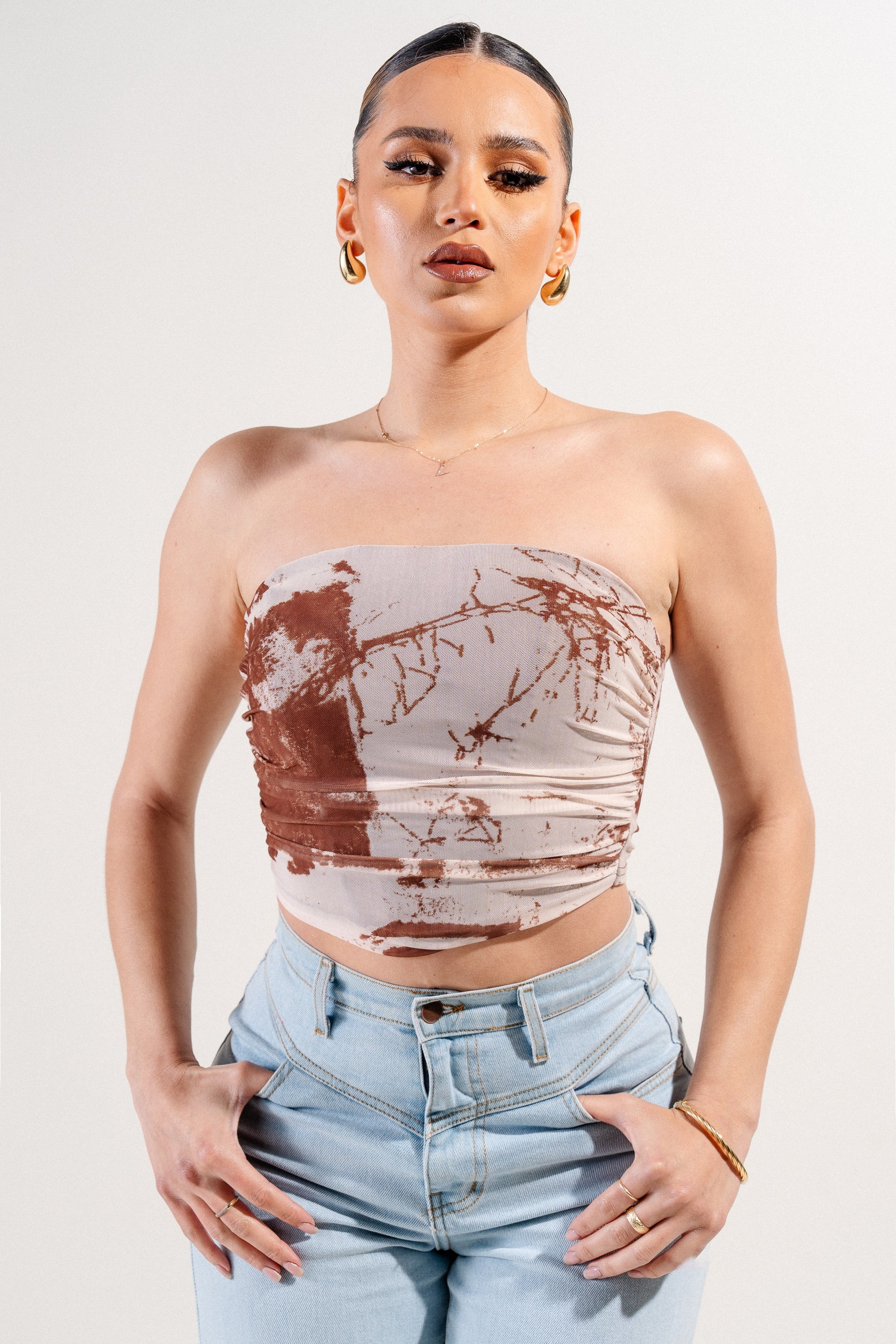Averie Brown Strapless Mesh Tie Dye Top