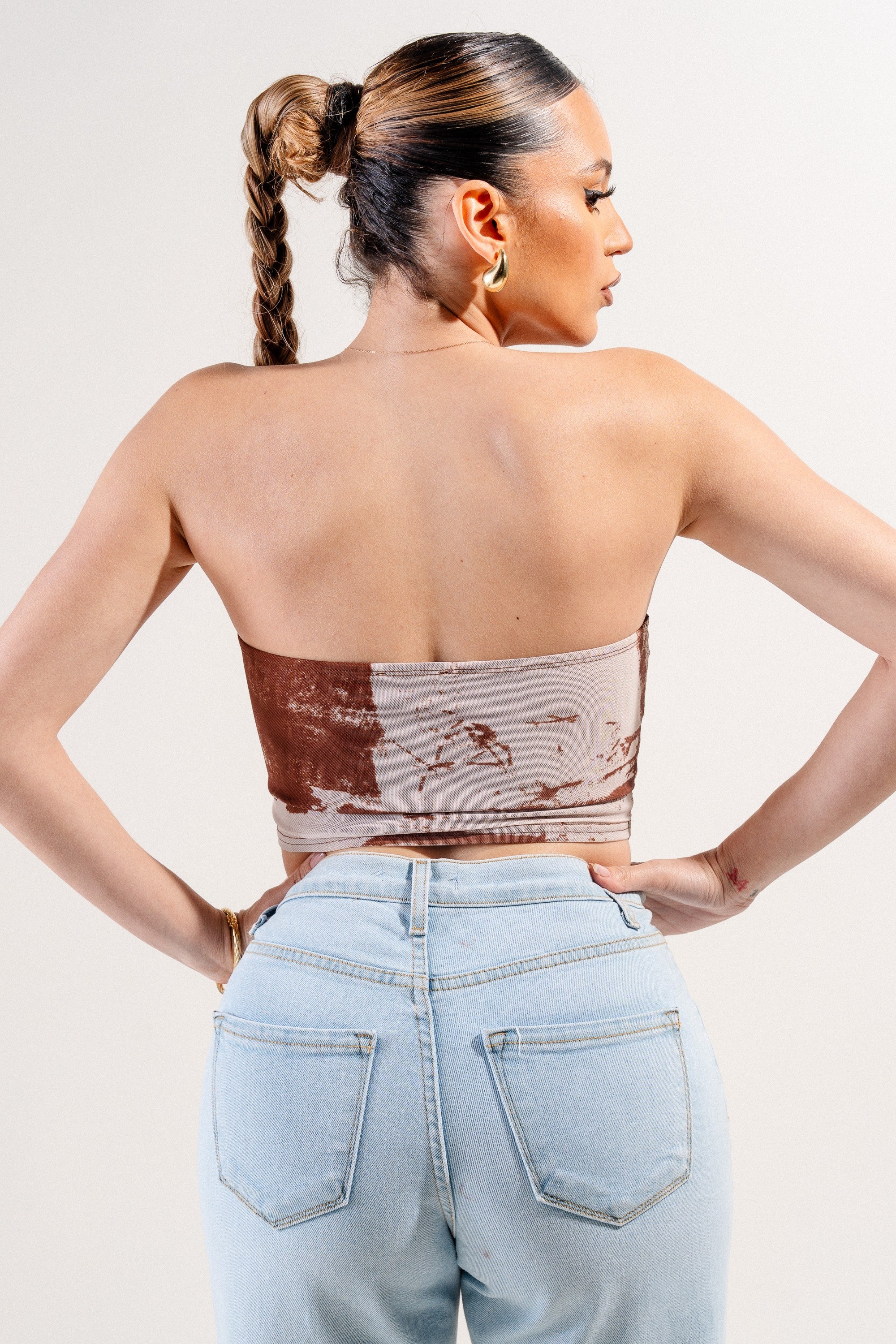 Averie Brown Strapless Mesh Tie Dye Top