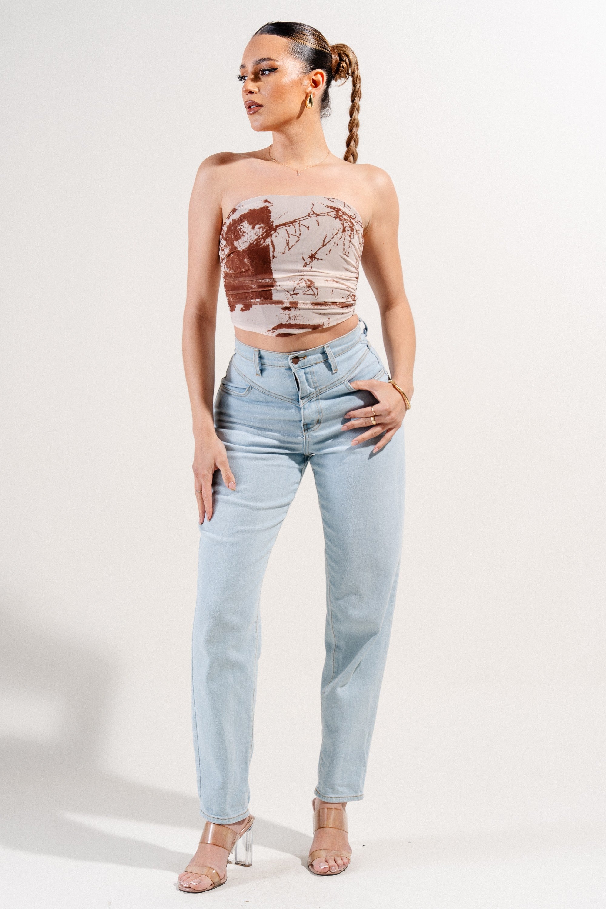 Averie Brown Strapless Mesh Tie Dye Top