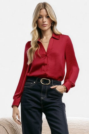 Nova Crimson Red Button Up Satin Blouse