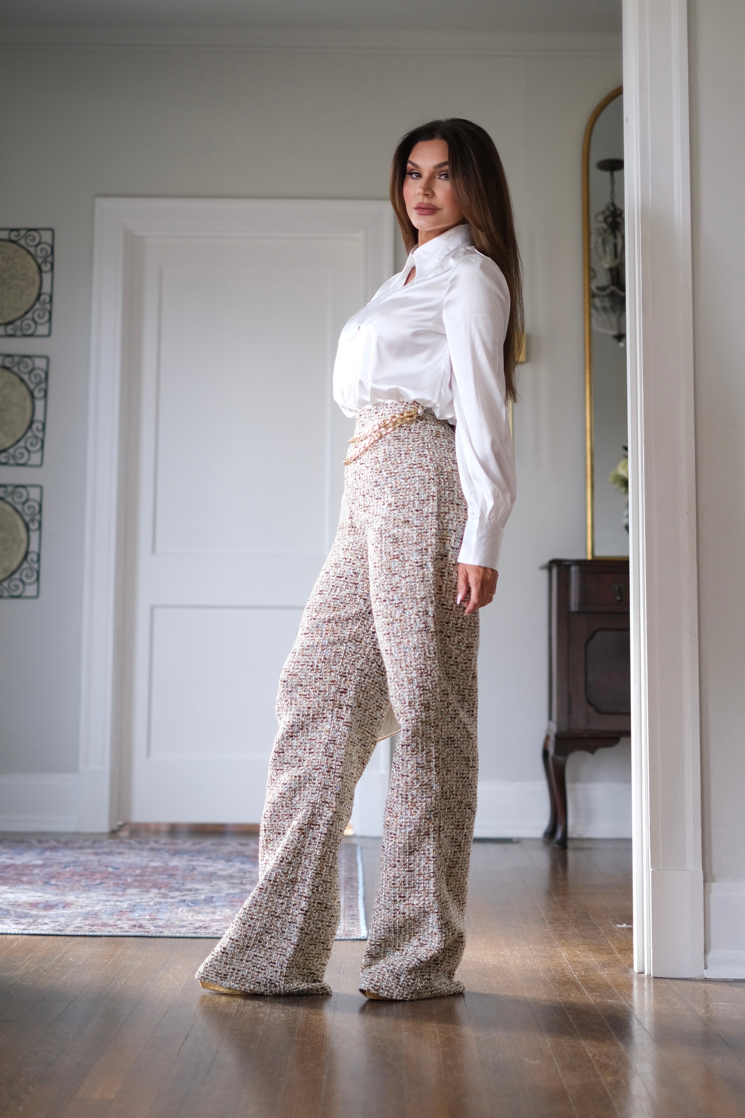 Cindy tweed wide leg pant with chain belt