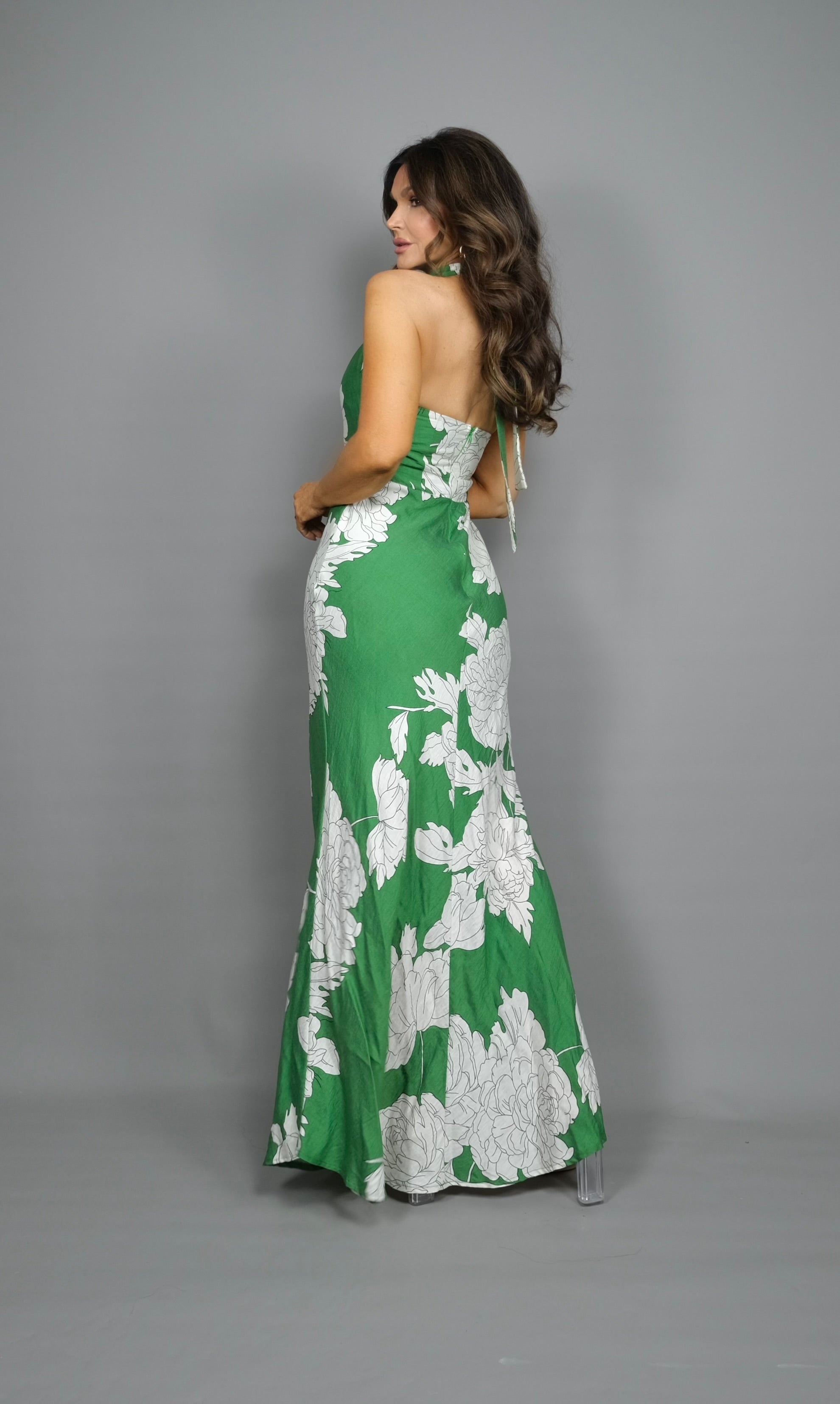 Florida green floral backless halter maxi dress