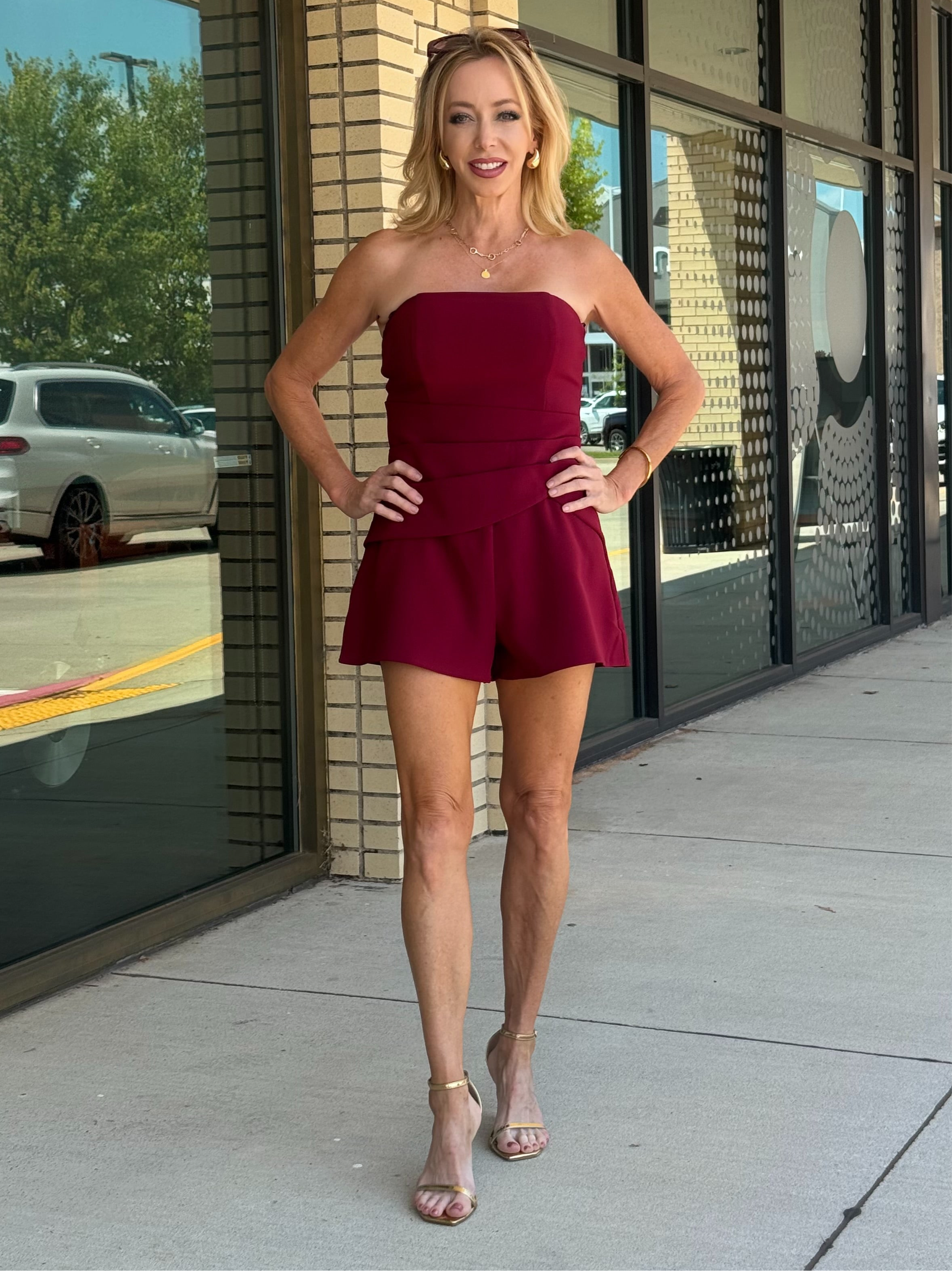Tami Wine Tube Tailored Romper with Pleated Waist Detail