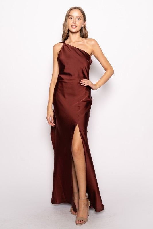 Christie Chicago Brick Satin One Shoulder Sash Midi Dress