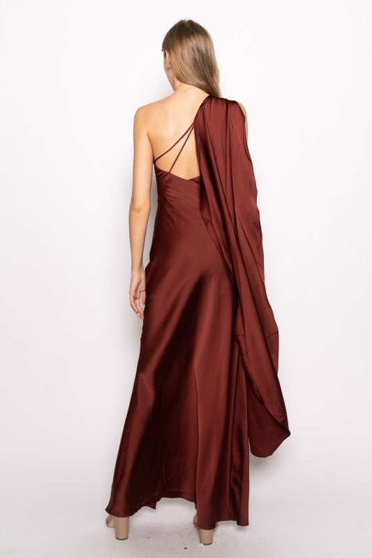Christie Chicago Brick Satin One Shoulder Sash Midi Dress