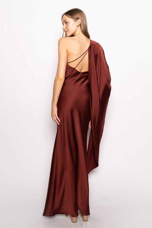 Christie Chicago Brick Satin One Shoulder Sash Midi Dress