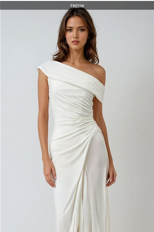 Elizabeth White Off Shoulder Side Ruched Side Slit Formal