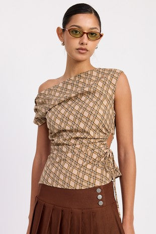 Ellis Brown Plaid One Shoulder Asymmetrical Top