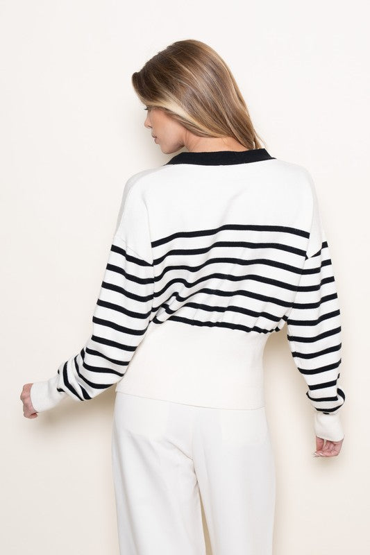 Olivia Black and White Stripe Sweater with Gold Button Closure