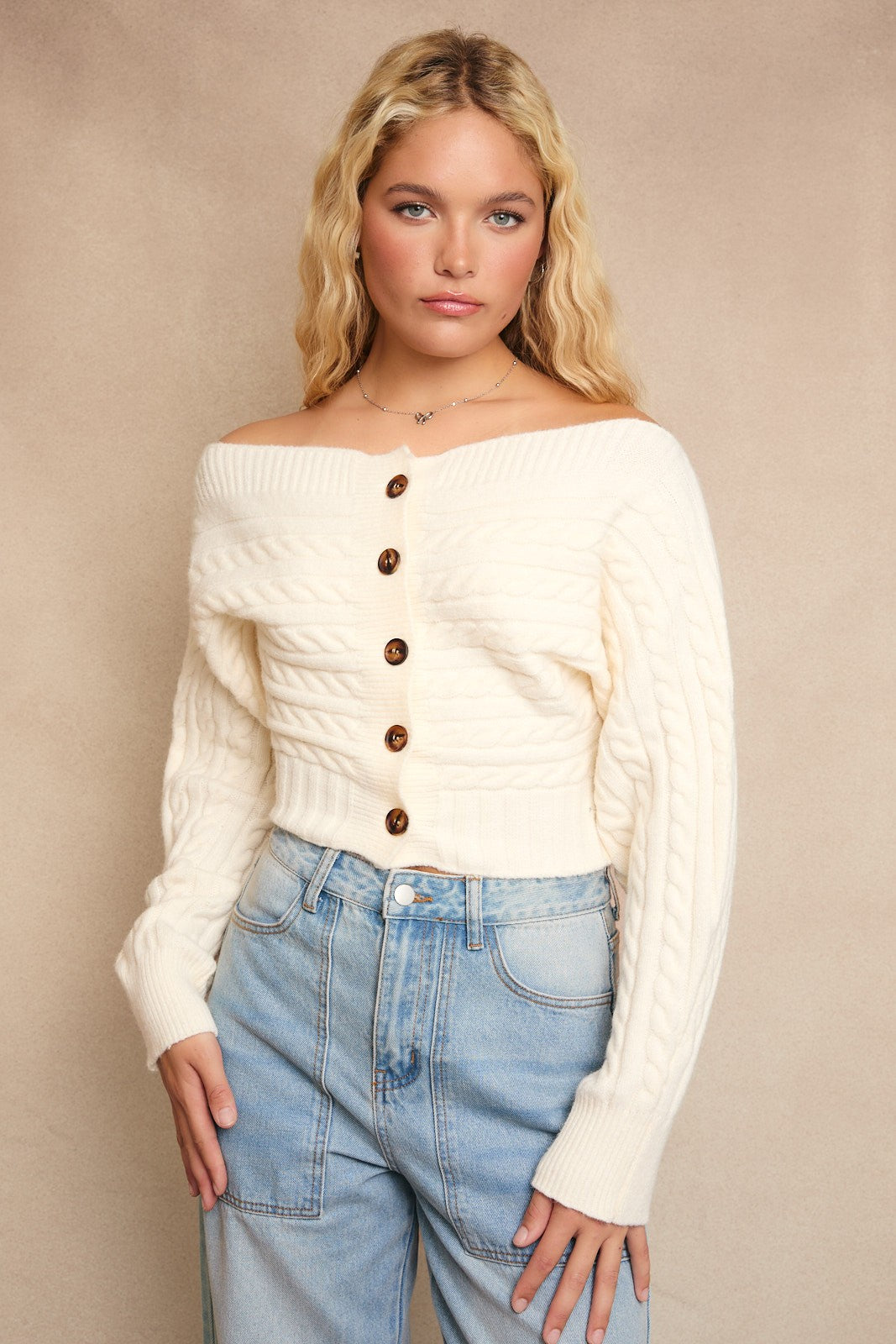 Caroline Ivory Off Shoulder Button Down Sweater Top