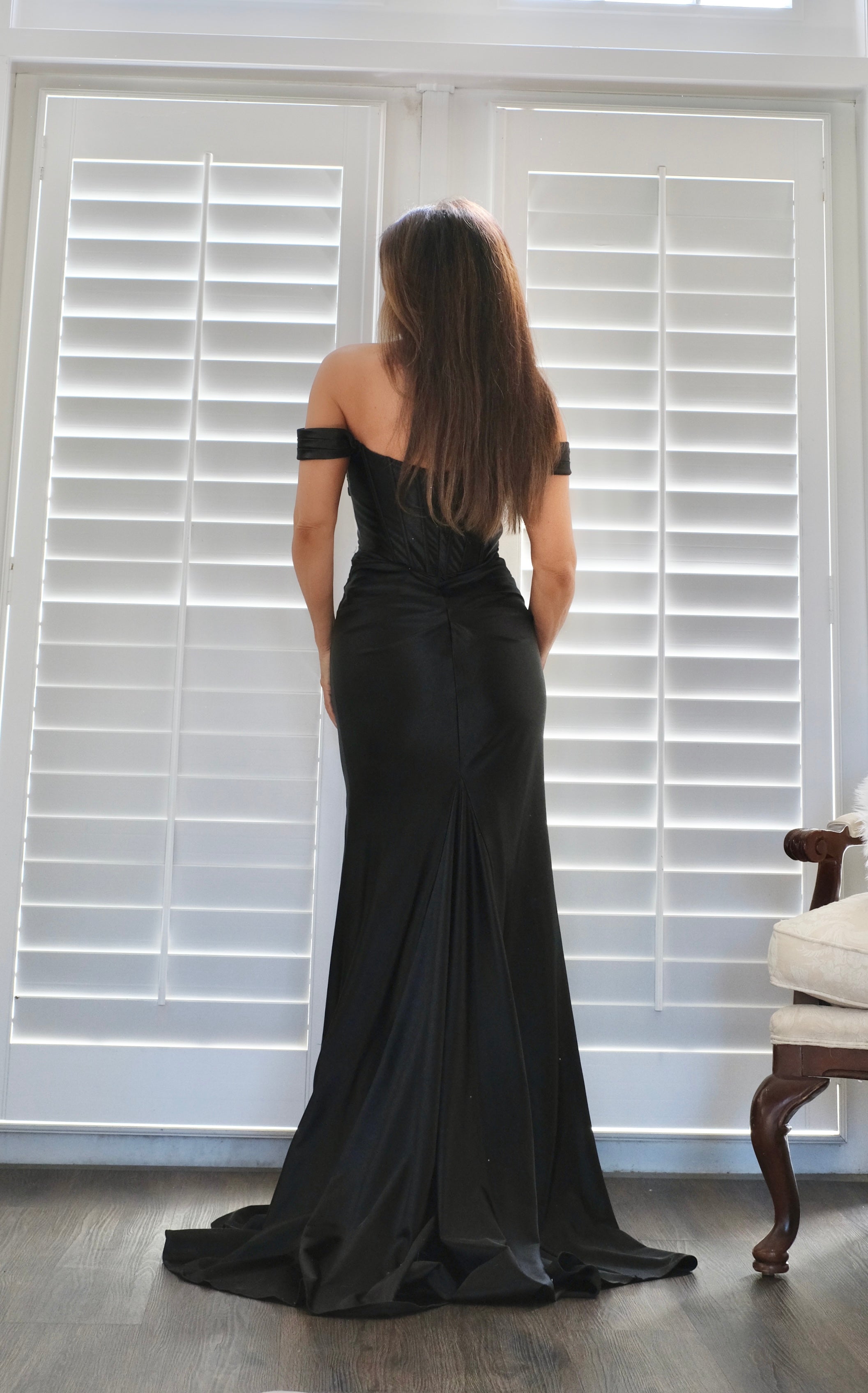 Roxanne black off shoulder twisted pleat satin formal dress