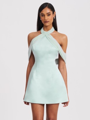 Zafrina Mint Halter Off Shoulder Mini Dress