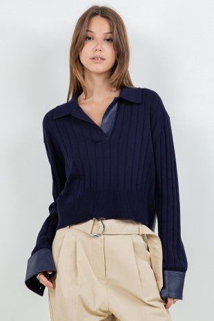 Pipa Navy V Neck Sweater With Accent Vegan Leather Trim