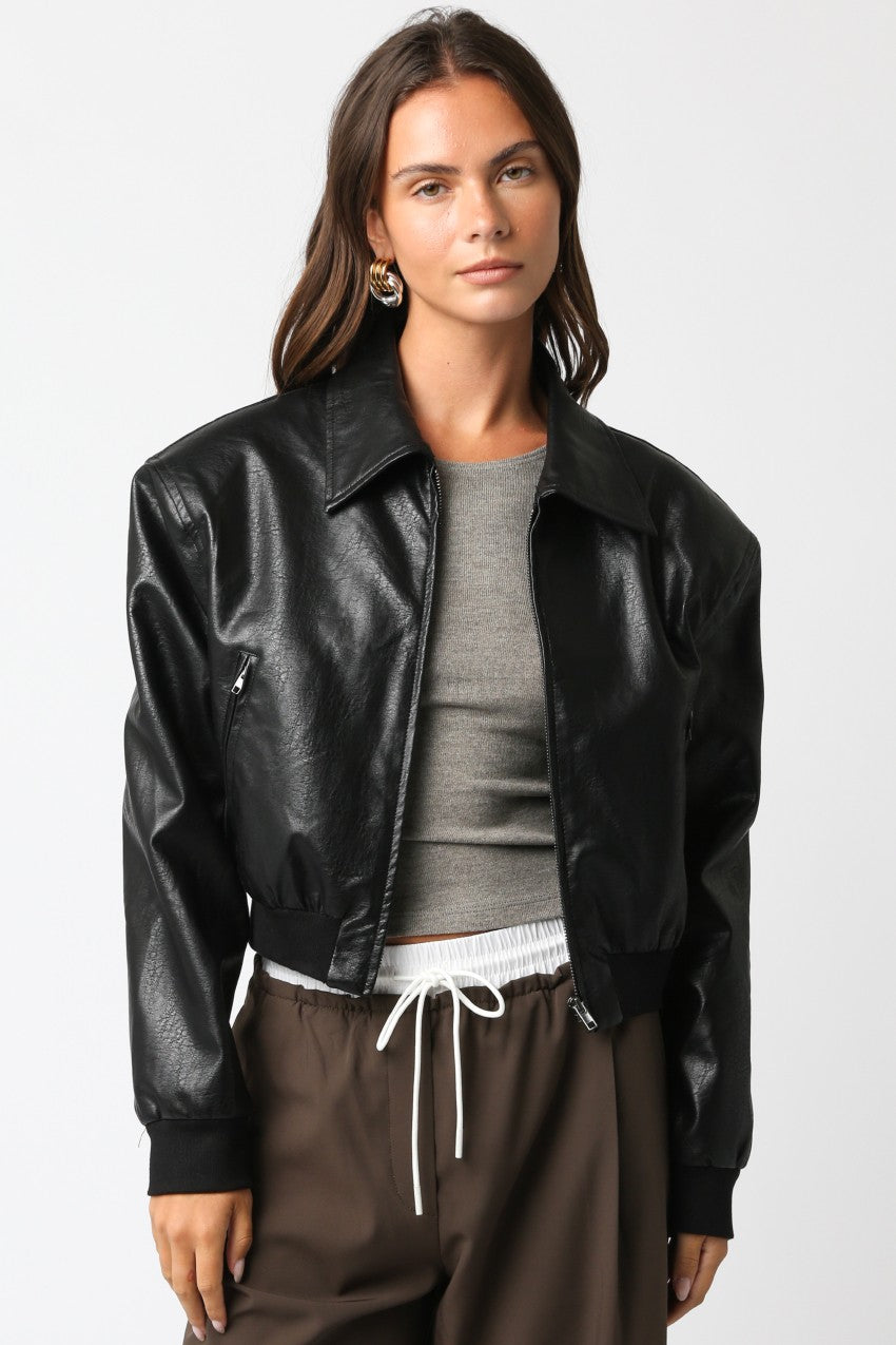 Bria Black Vegan Leather Cropped Jacket