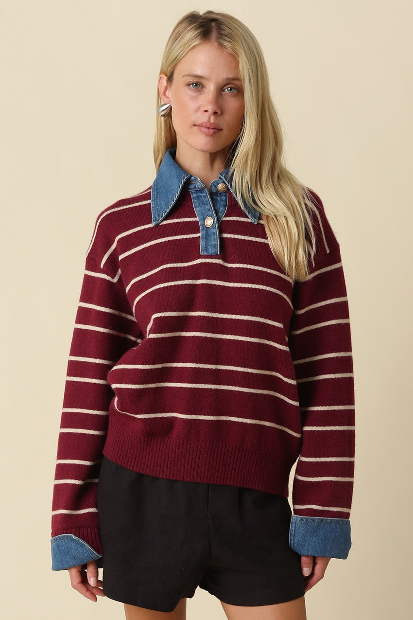 Penny Burgundy Striped Sweater With Denim Contrast
