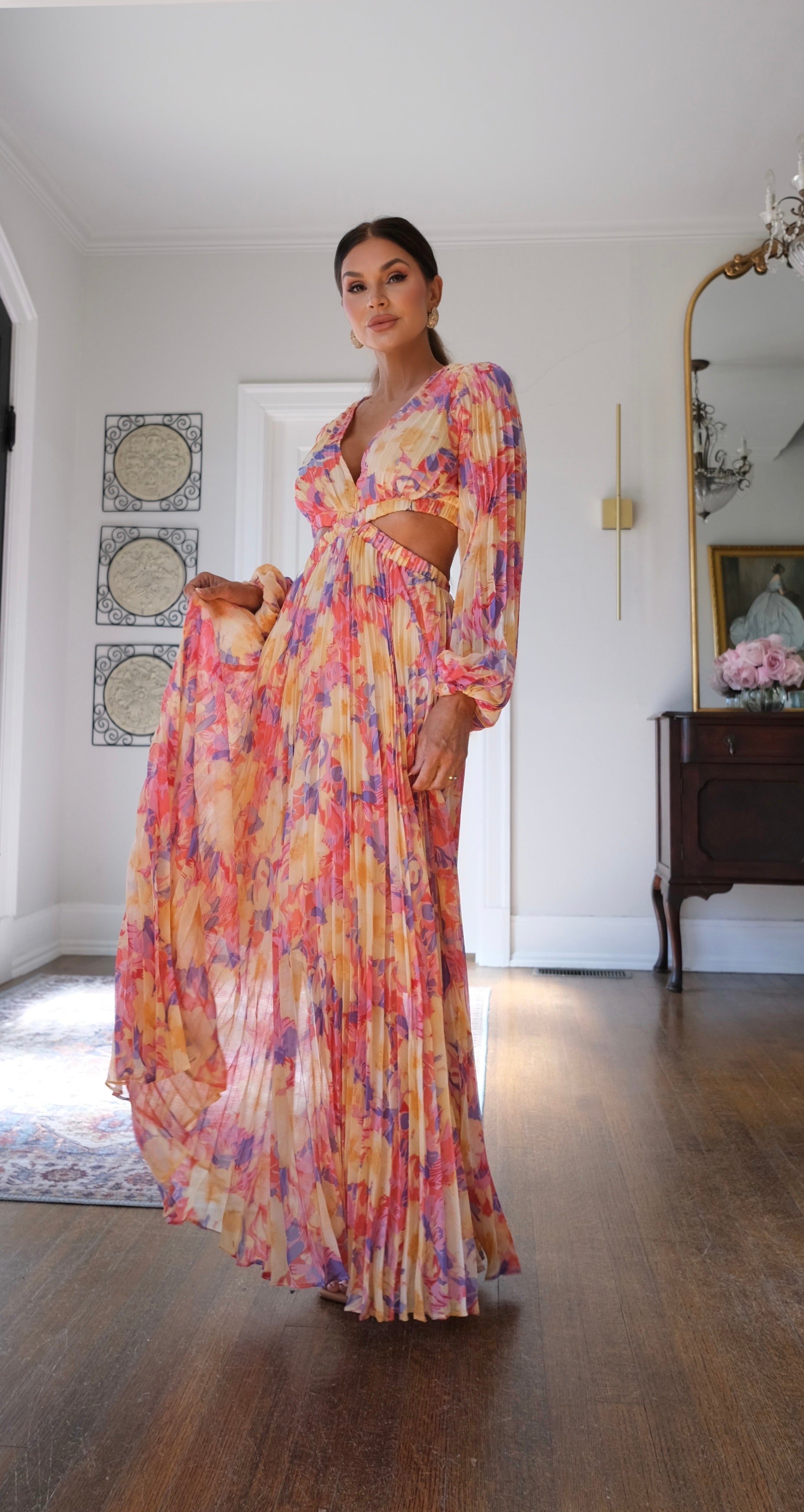 Revery yellow pink floral pleats maxi dress with cut outs