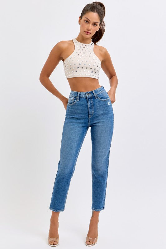 Trish medium wash high rise mom crop
