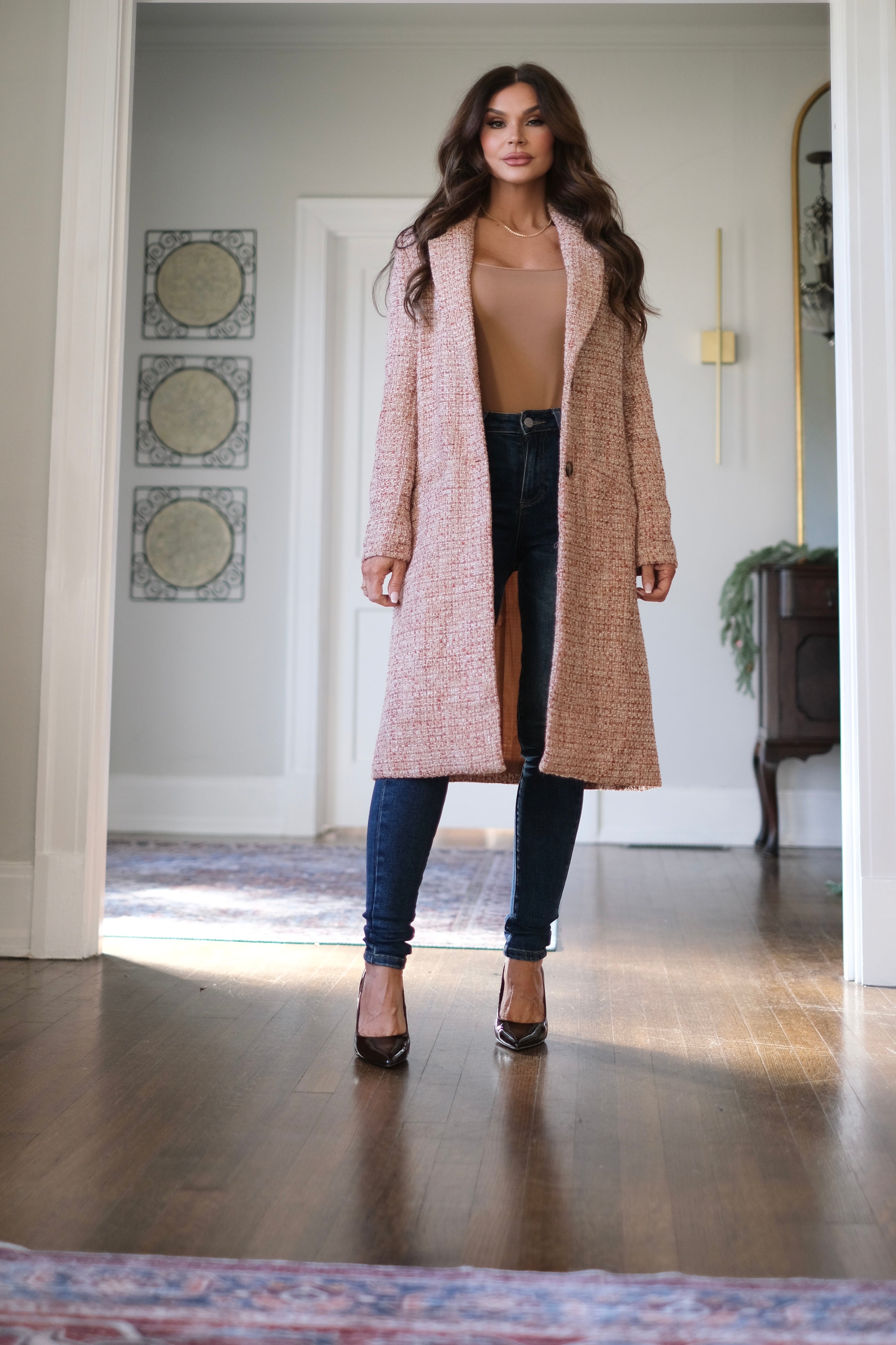 Monica rust tweed coat with pockets