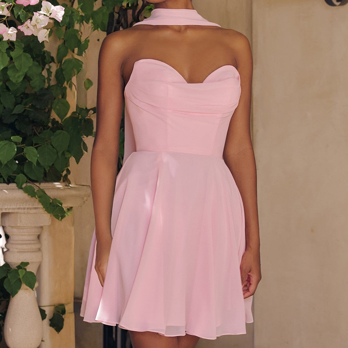 Rochelle Blush Pink Chiffon Corset Mini Dress