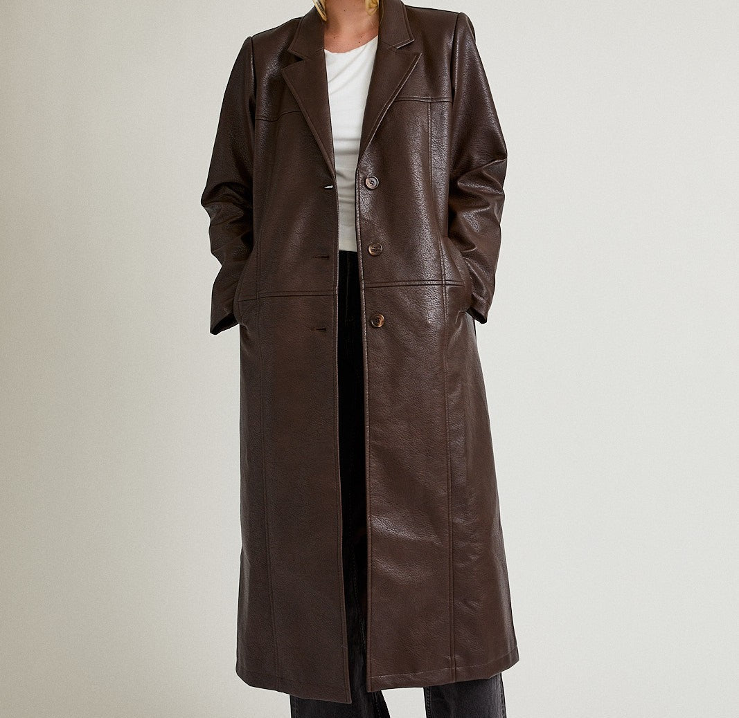 Asher Brown Faux Leather Trench Coat