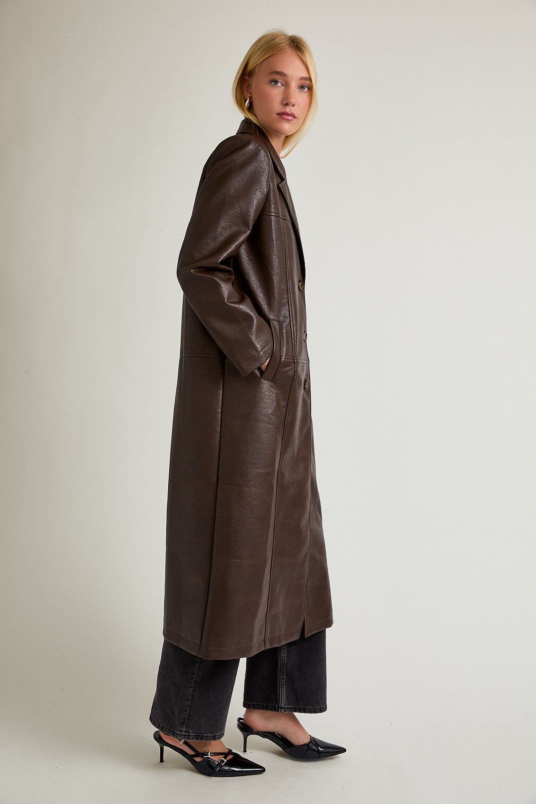 Asher Brown Faux Leather Trench Coat