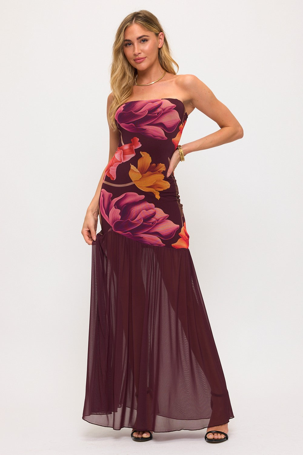 Kailani Plum Floral Mesh Maxi Dress