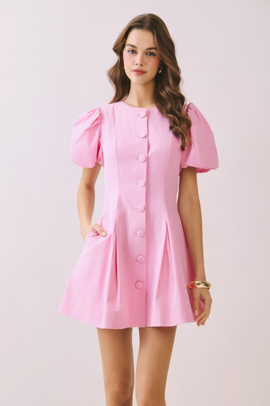 Mandi Pink Buton Front Side Pockets Mini Dress With Puff Sleeves