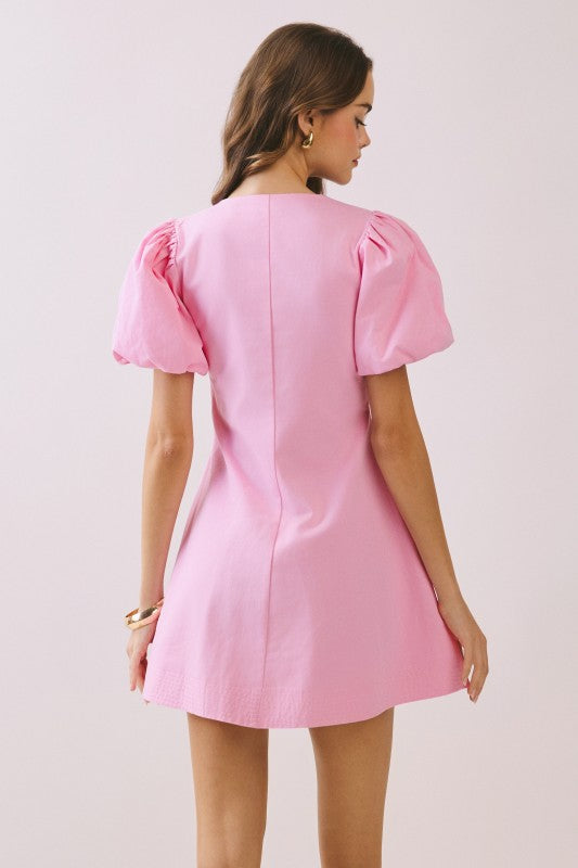 Mandi Pink Buton Front Side Pockets Mini Dress With Puff Sleeves