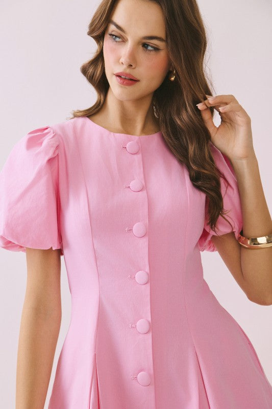 Mandi Pink Buton Front Side Pockets Mini Dress With Puff Sleeves