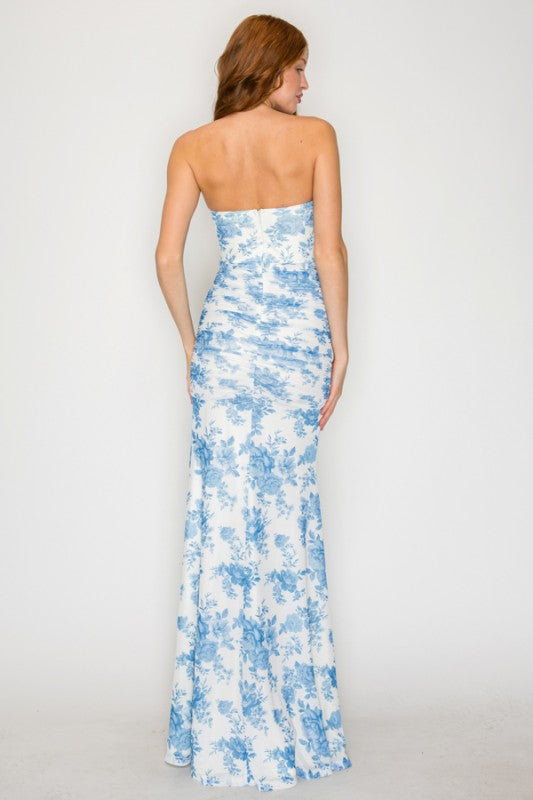 Flora blue flower print mesh midi dress