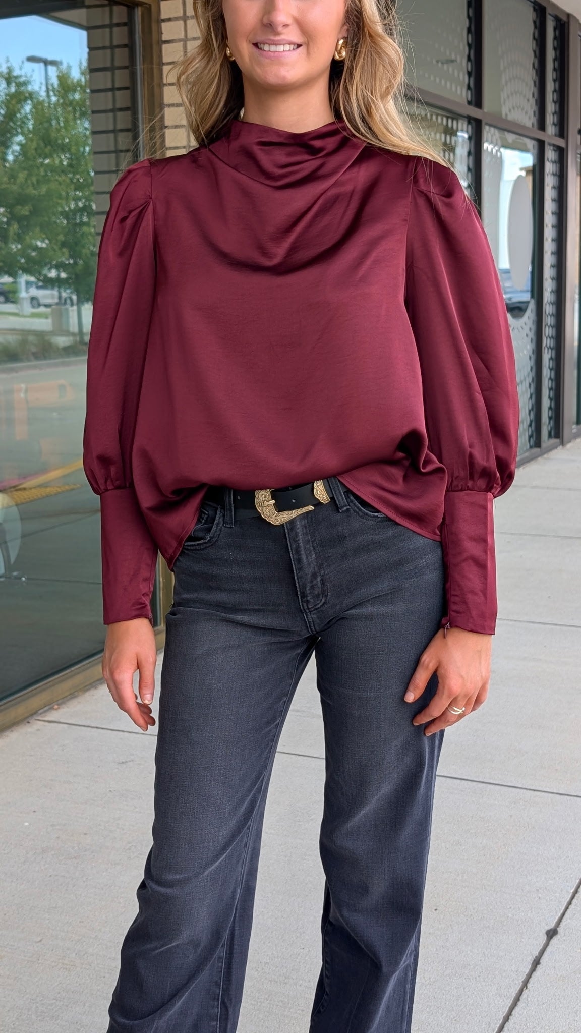Corey Burgundy Cowl Neck Blouse with Long Lantern Sleeve