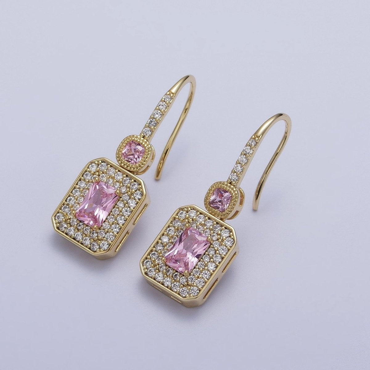Light Pink Baguette Dangle French Hook Earrings