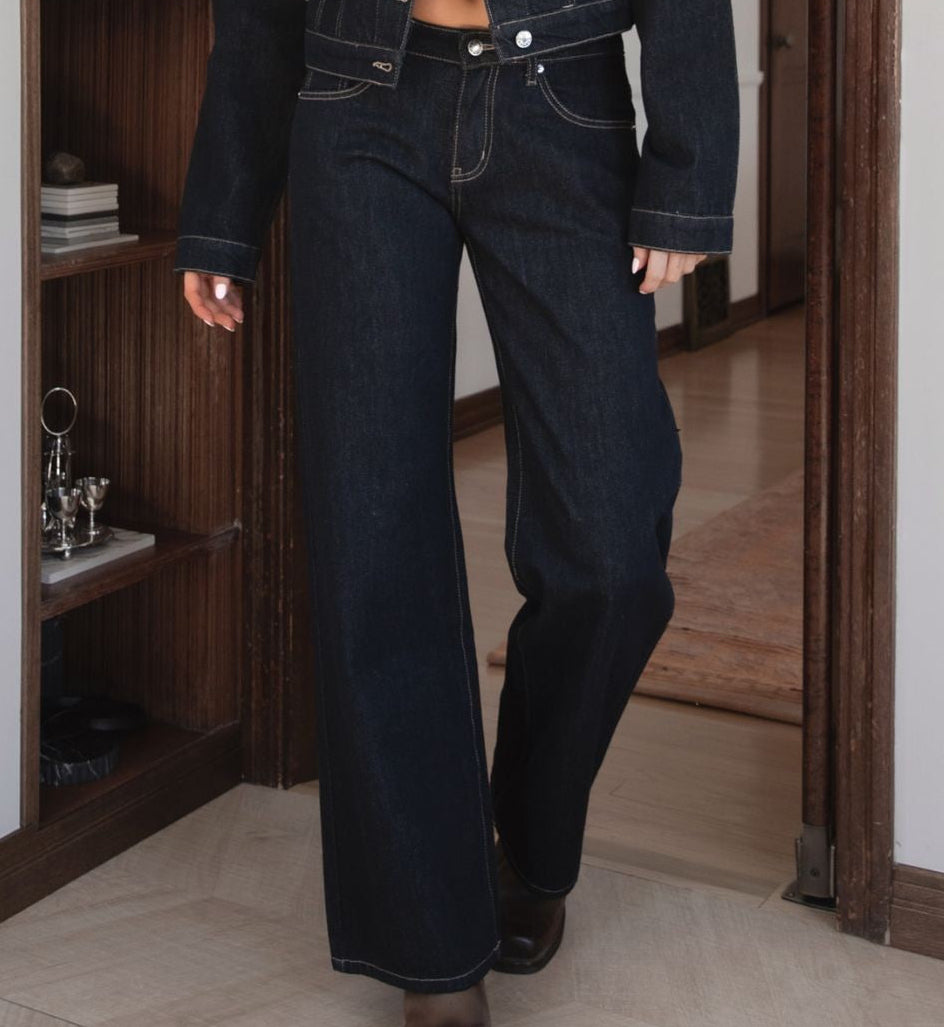 Yara Dark Wash Denim Straight Leg Low Rise Jeans