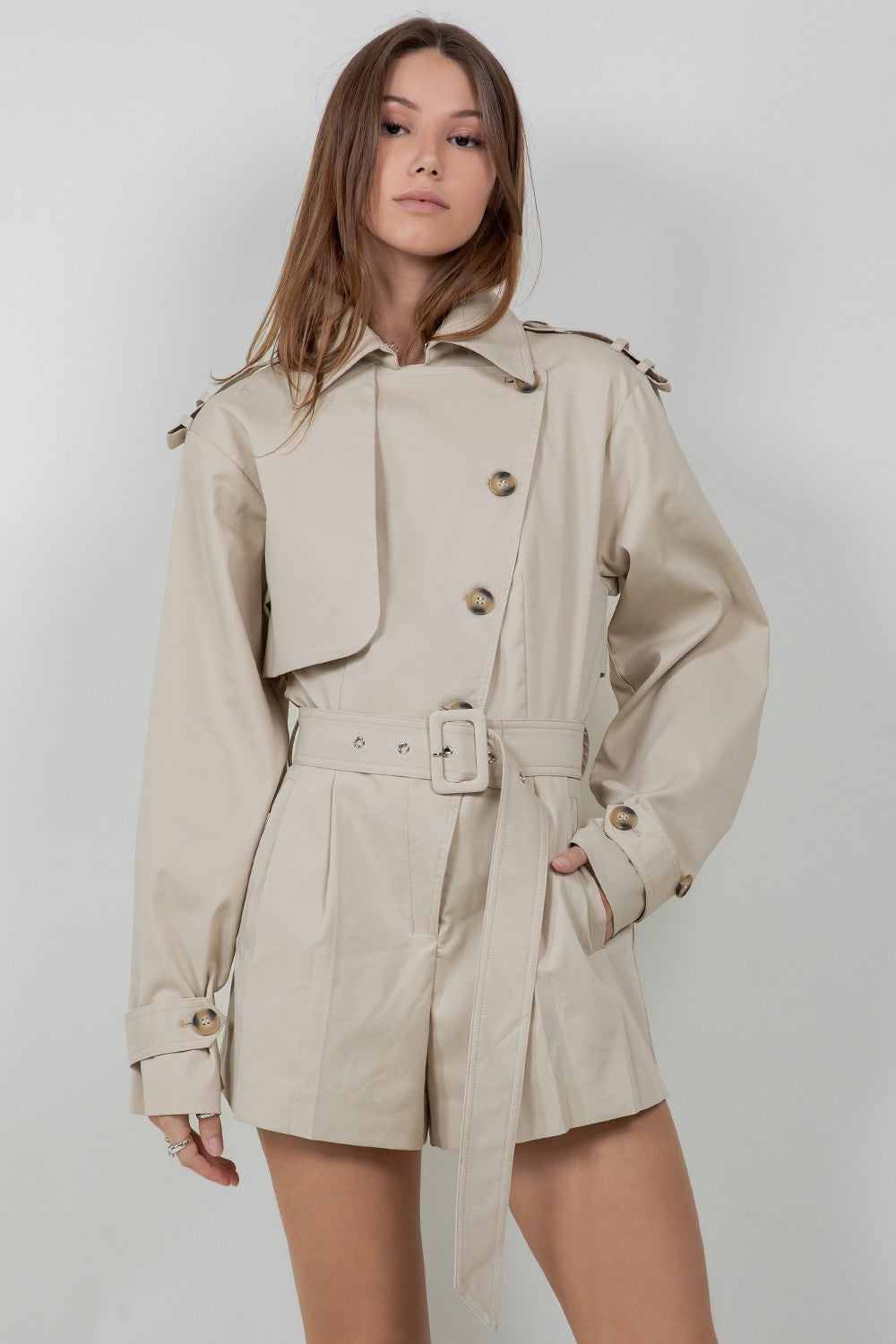 Mandy beige trench style belted romper