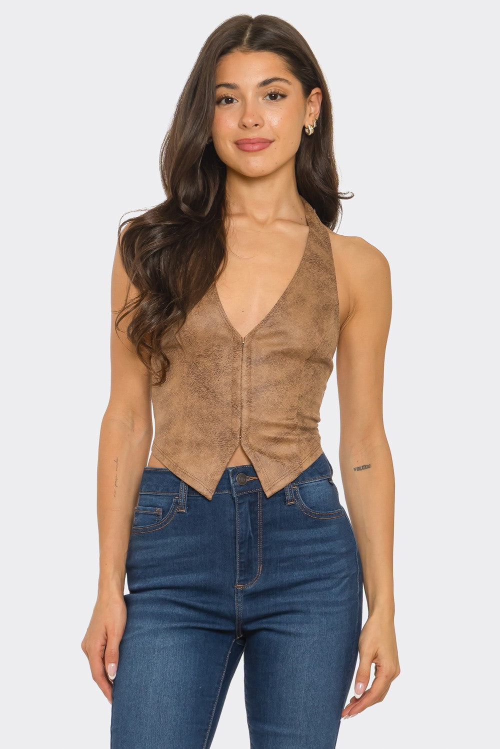 Demi latte faux leather halter lace back top