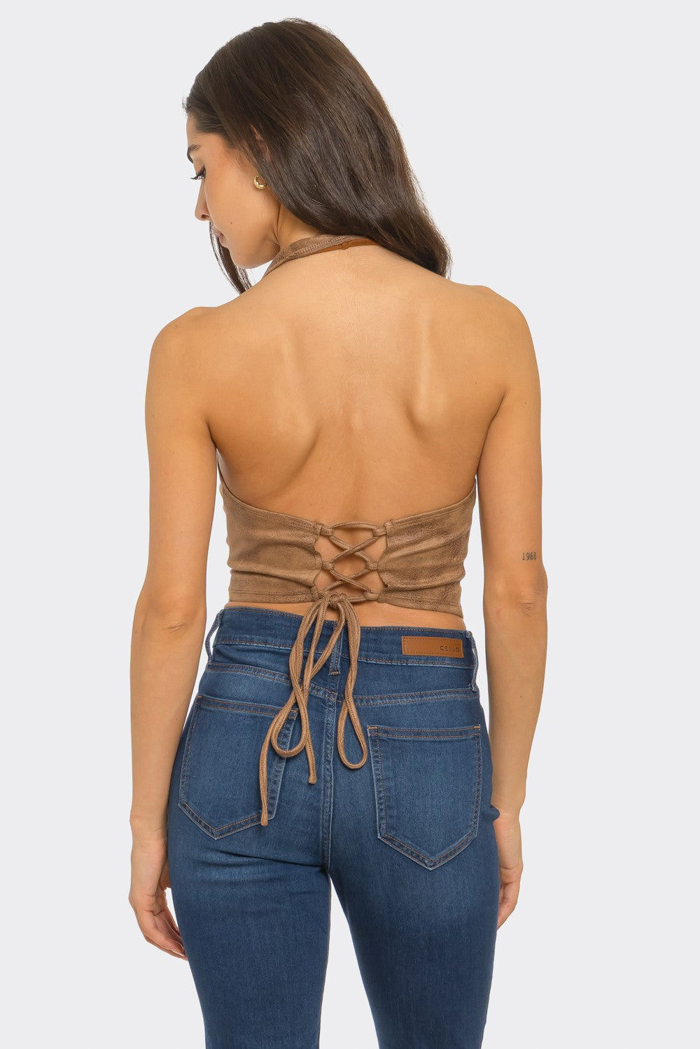 Demi latte faux leather halter lace back top