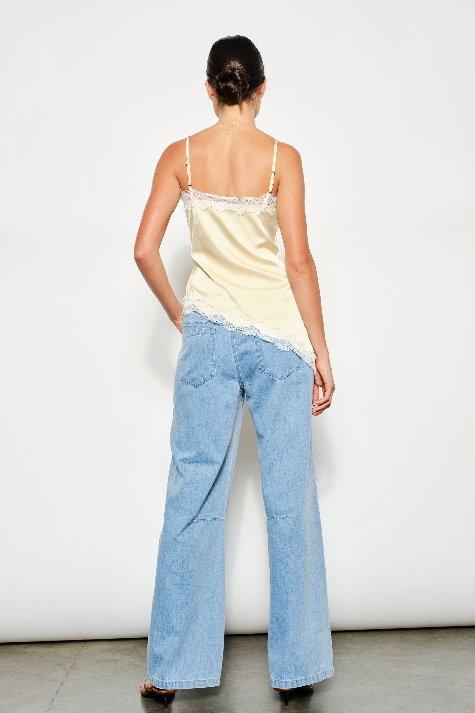 Sabrina light yellow asymmetrical satin lace top