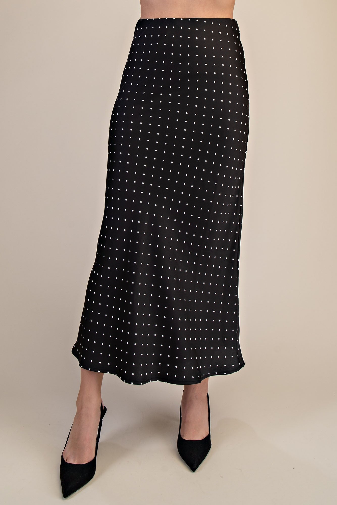 Kris Black and White Polka Dot Satin Midi Skirt