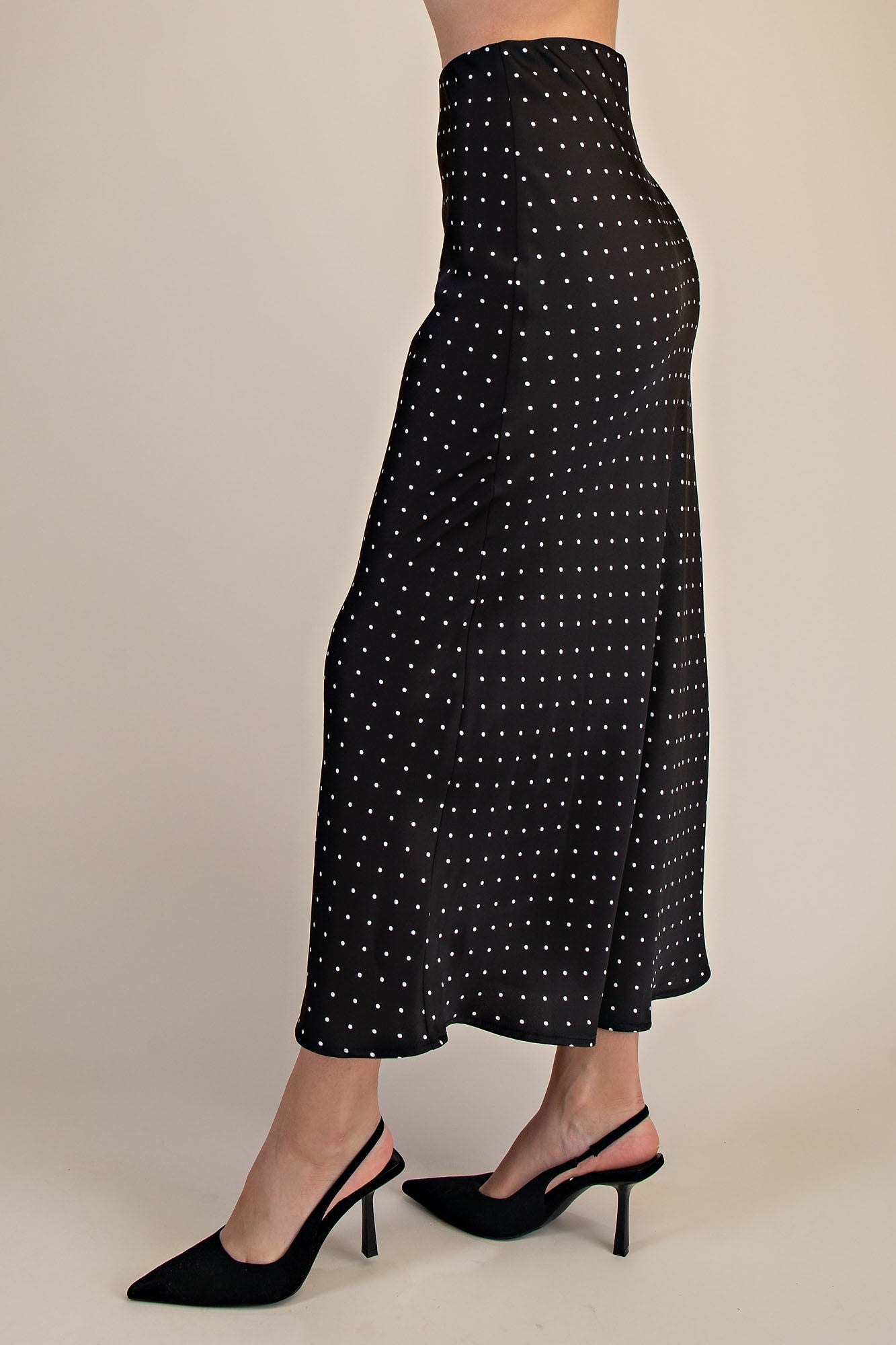 Kris Black and White Polka Dot Satin Midi Skirt