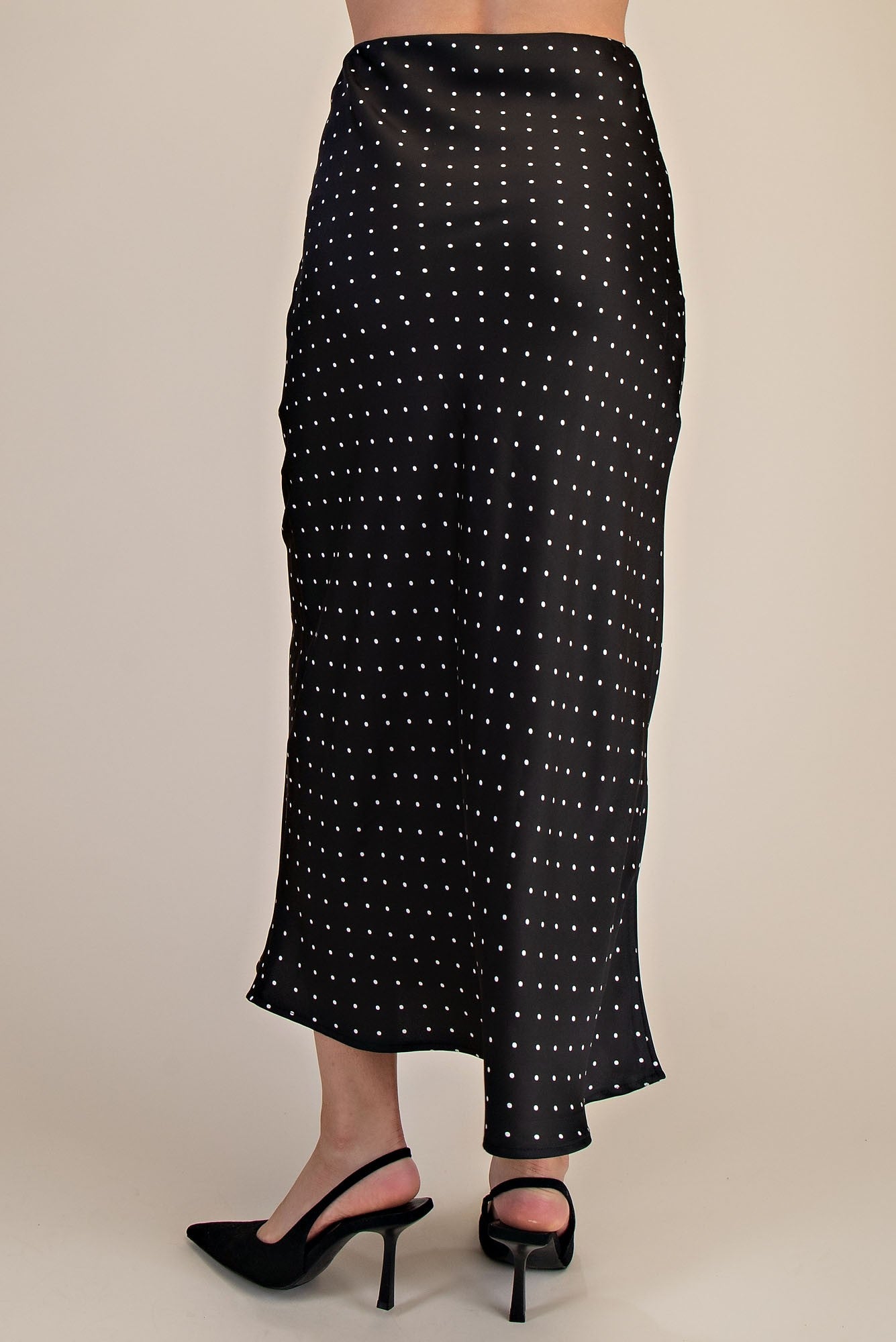Kris Black and White Polka Dot Satin Midi Skirt