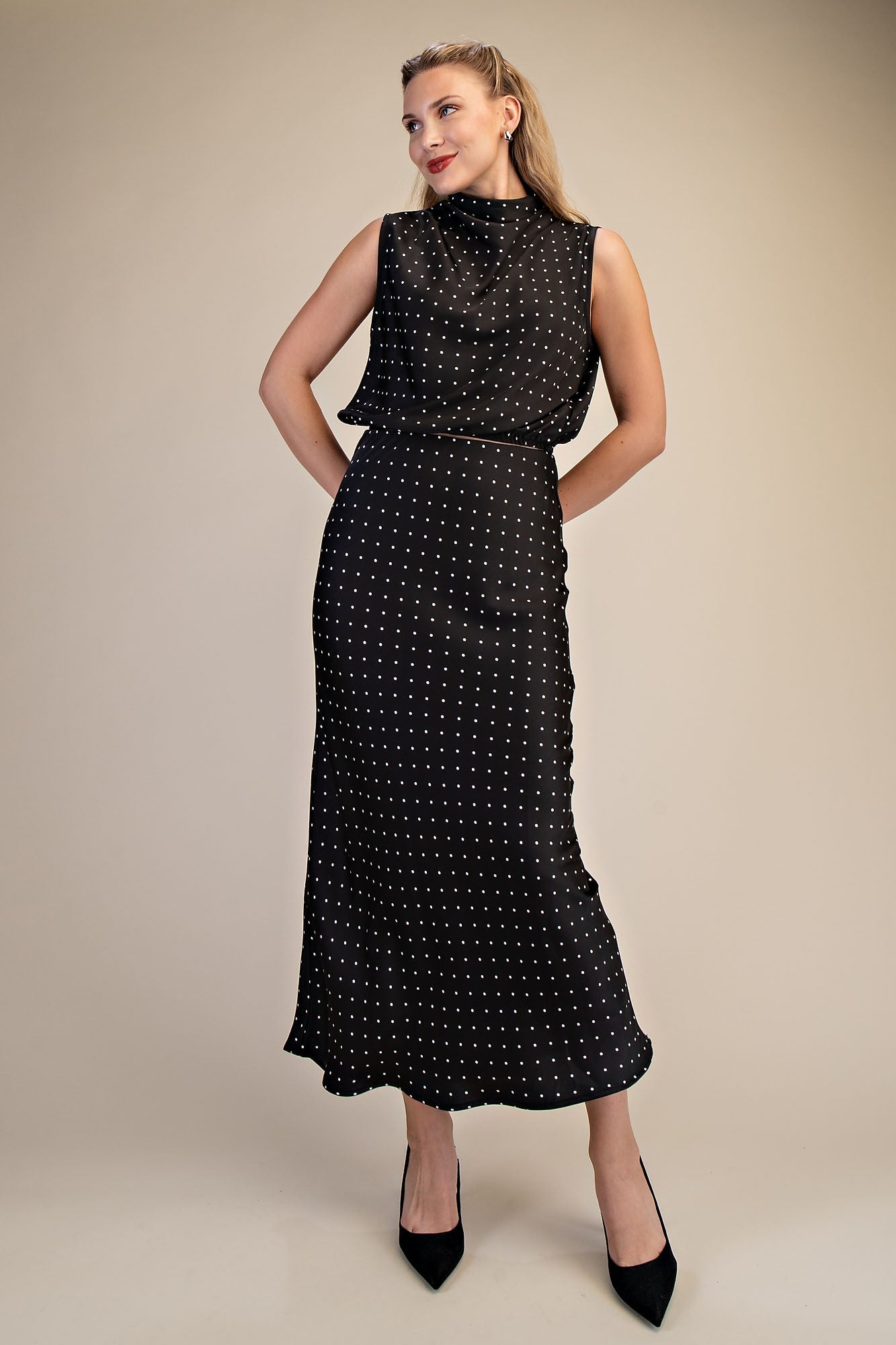 Kris Black and White Polka Dot Satin Drape Neck Crop Top