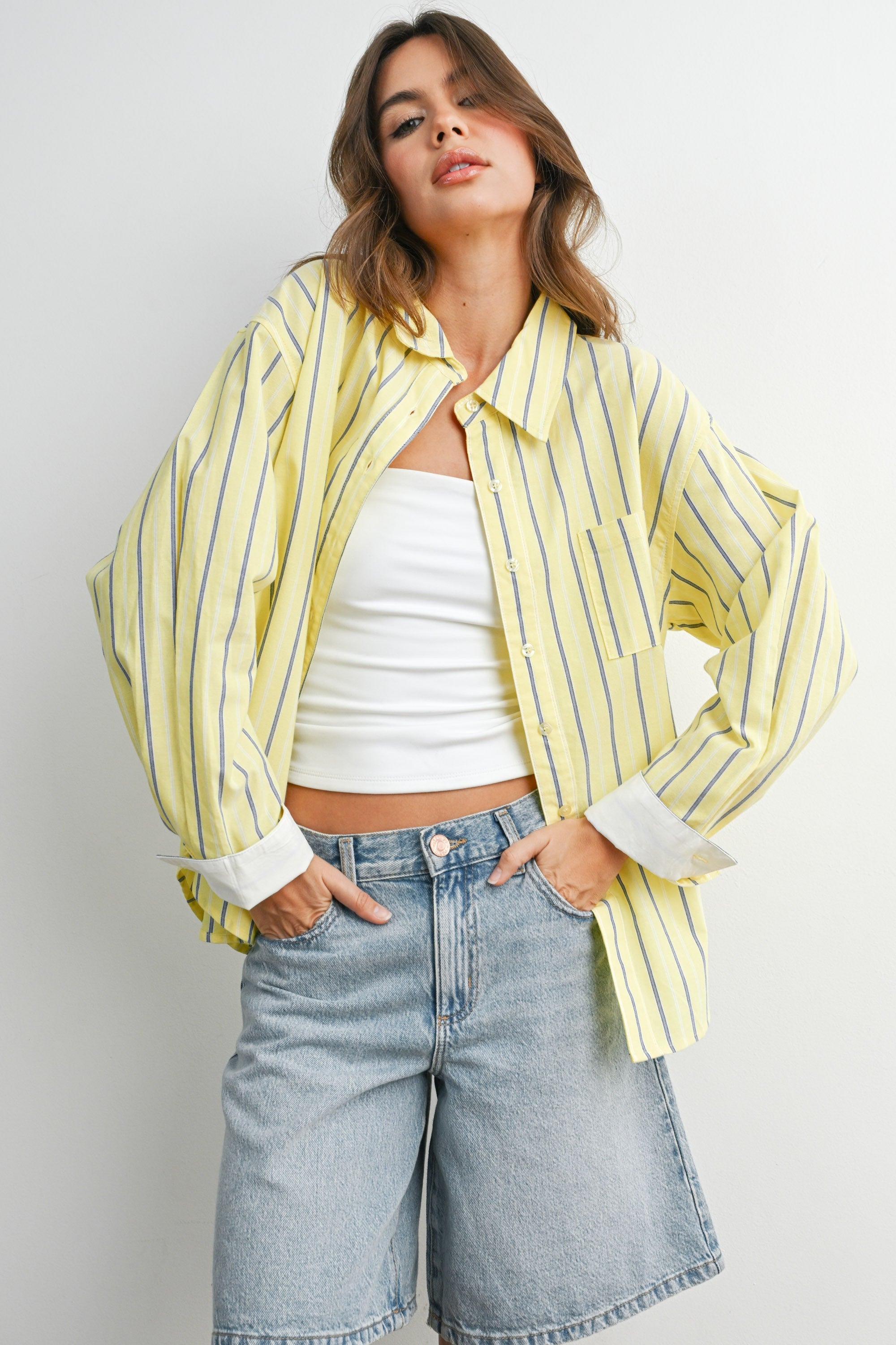 Taylor yellow striped button up top