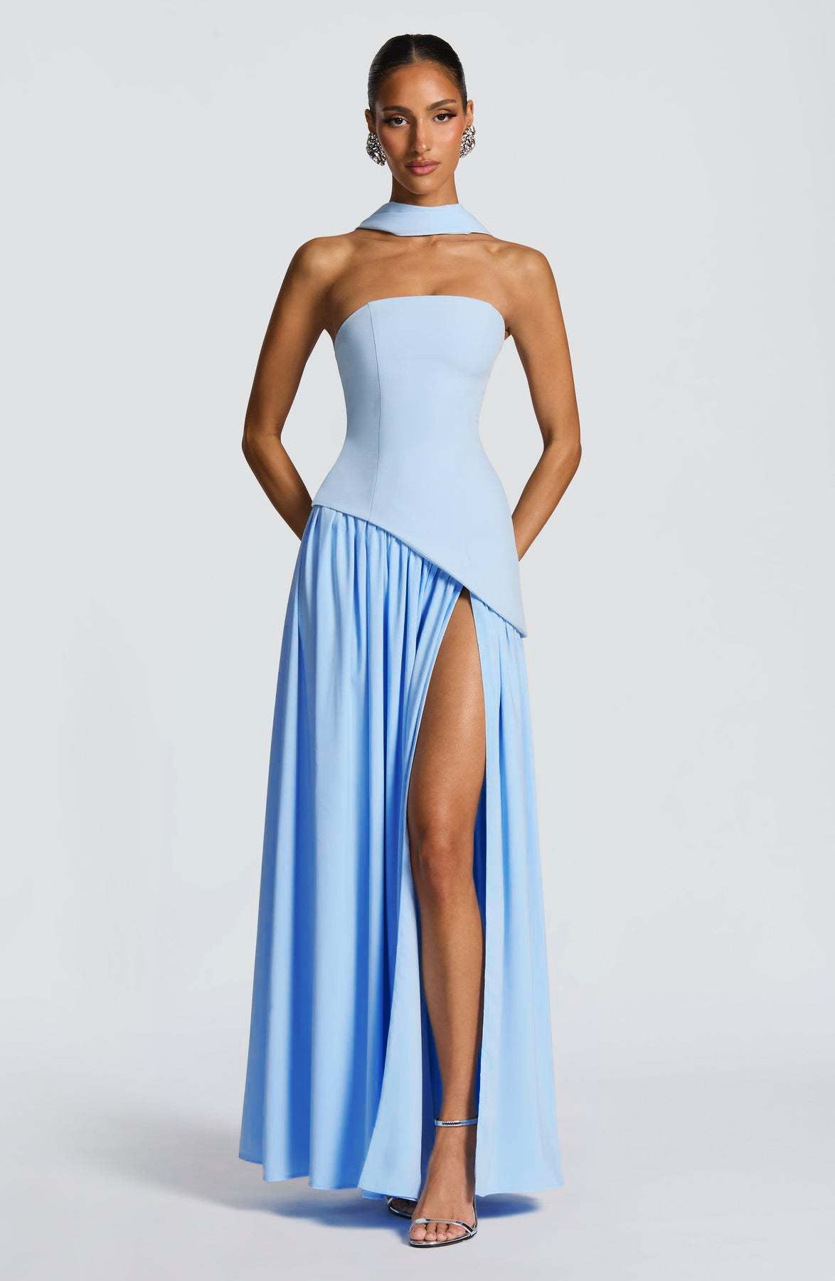 Kienna Baby Blue Strapless Maxi Dress With Neck Sash