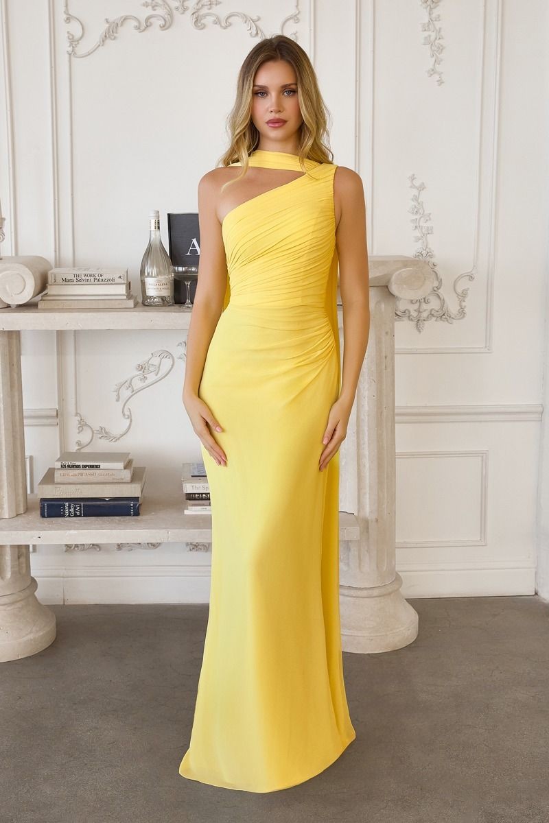 Naomi yellow one shoulder chiffon gown