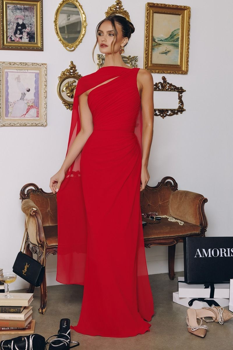 Naomi red one shoulder chiffon gown