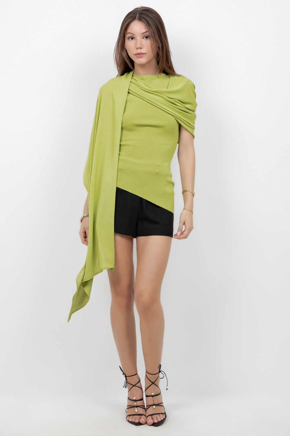 Colette Green Knit Asymmetrical Mesh Cape Top