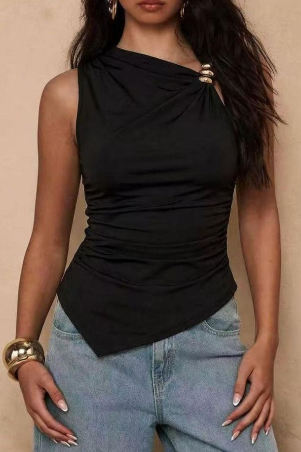 Jade Black Asymmetric Gold Accent Top
