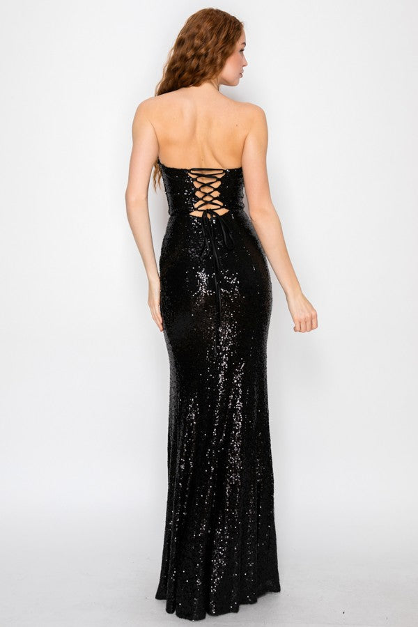 Alana Black Strapless Sequin Cross Back Maxi Dress